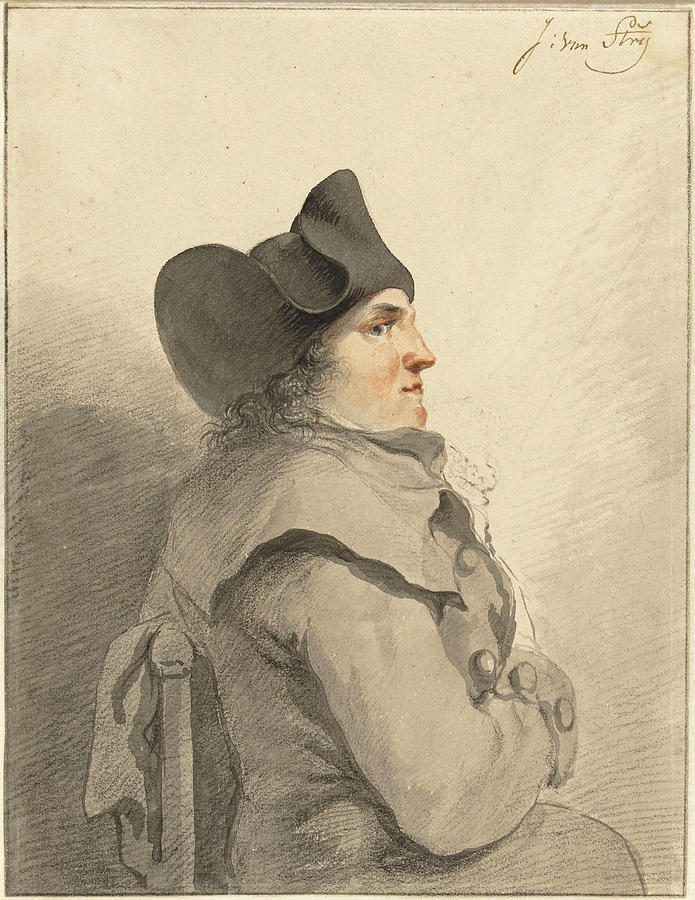 Seated man with black cocked hat, in profile, to the right Drawing by Jacob van Strij
