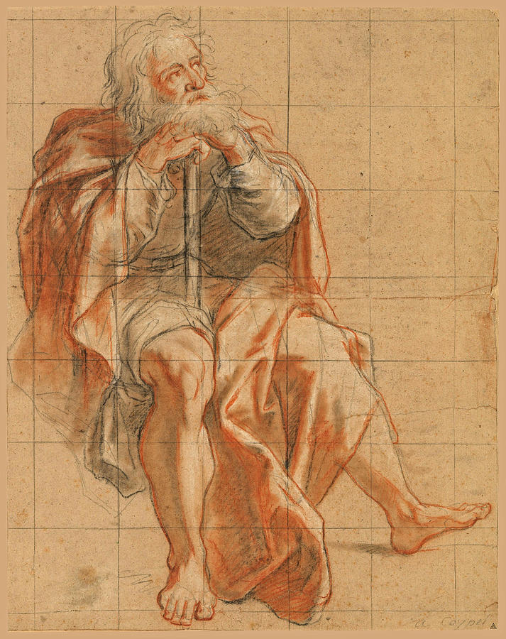 Seated Old Man Holding a Staff Drawing by Antoine Coypel