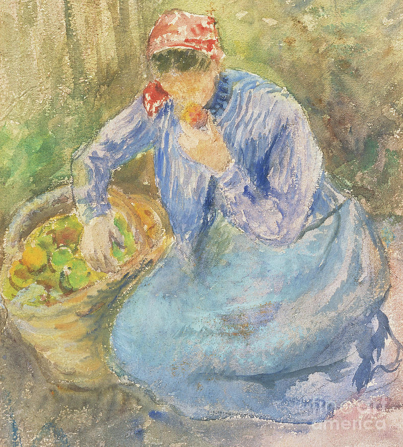Seated Peasant Woman with a Basket of Apples by Pissarro Painting by Camille Pissarro