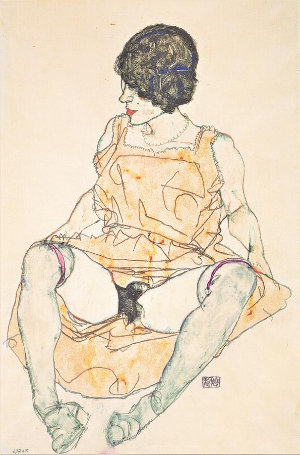 Seated Woman Dress Pushed Up Drawing