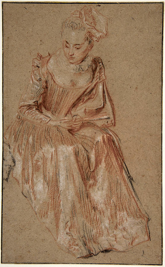 Seated Woman Holding a Fan Drawing by Antoine Watteau