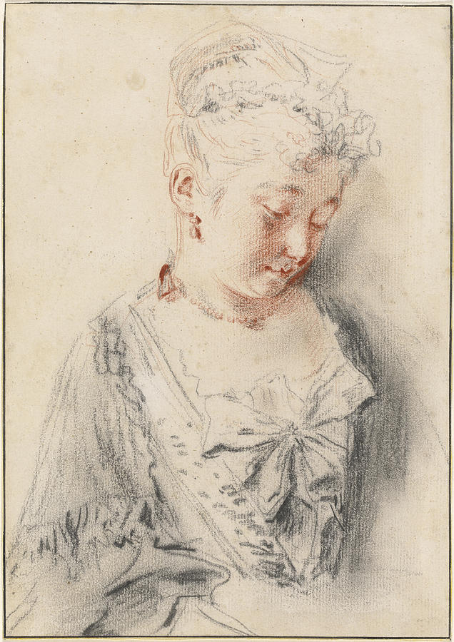 Seated Woman Looking Down #1 Drawing by Antoine Watteau