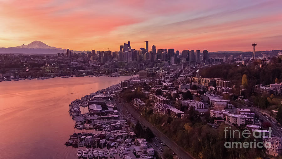 Seattle Aerial Dawn Over Queen Anne Photograph