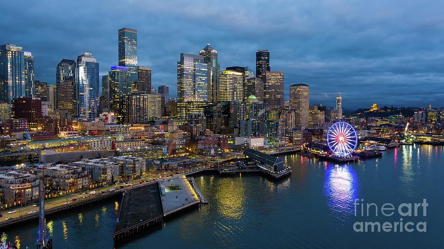 Seattle Aerial Photography Downtown Blue Hour Photograph