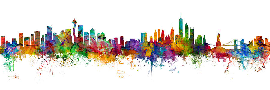 Seattle Digital Art - Seattle and New York City Skyline Mashup by Michael Tompsett