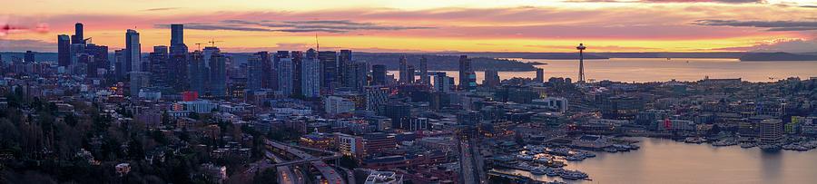 Seattle Blue Hour Sunset Panorama Photograph by Mike Reid
