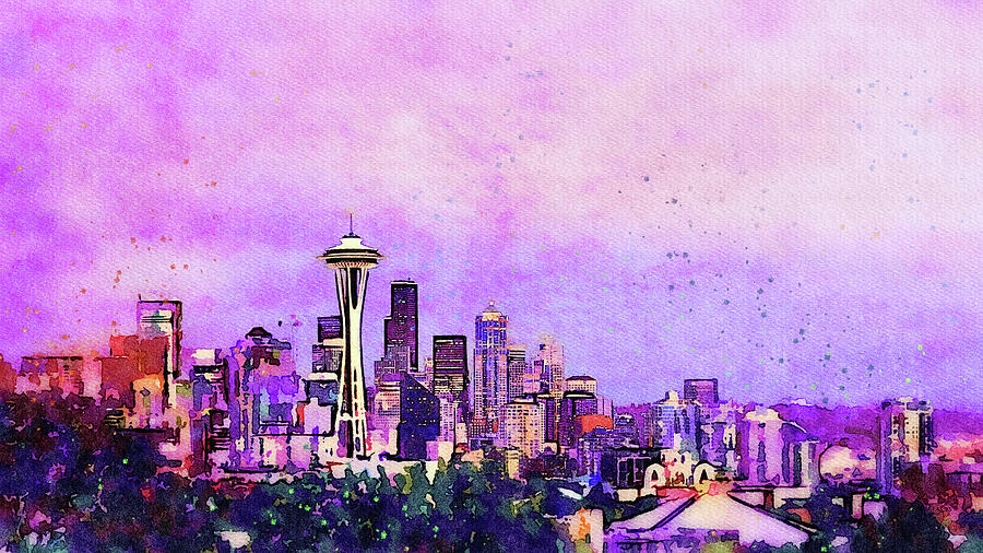 Seattle City Skyline at Dawn Watercolor Painting Digital Art by Shelli Fitzpatrick