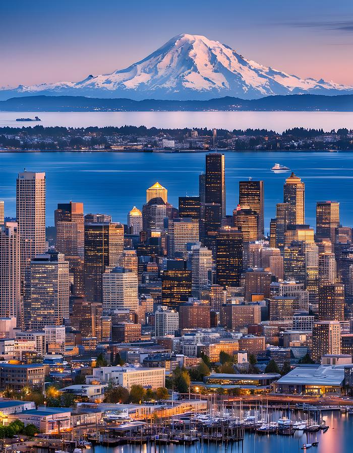 Seattle Digital Art - Seattle City Skyline Overlooking Puget Sound and Mt. Rainier by Artistic Studio