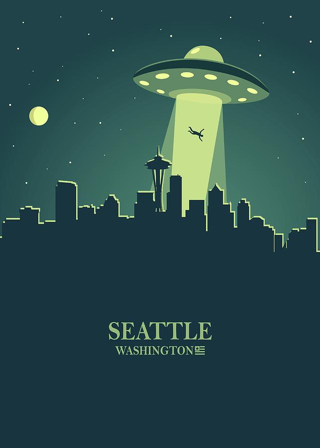 Seattle City Skyline Ufo Night Digital Art