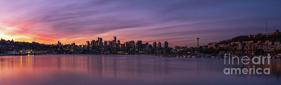 Seattle City Sunrise Reflection Panorama Photograph