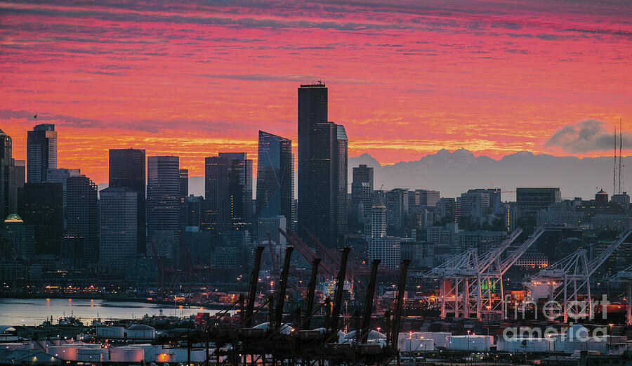 Seattle Cityscape And Port Sunrise Fire Photograph