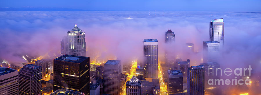 Seattle Cityscape In The Fog Dawn Light Photograph