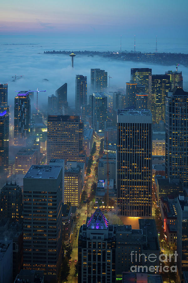 Seattle Downtown Streets Mood in the Fog Photograph by Mike Reid