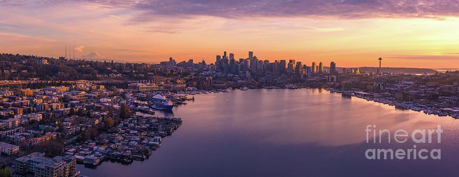 Seattle Eastlake and Lake Union Sunset Panorama Photograph by Mike Reid