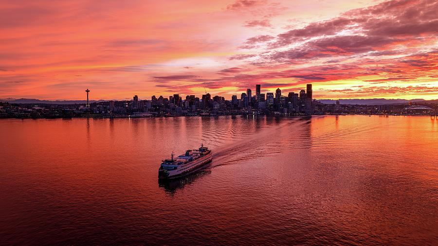 Seattle Ferry Crossing Elliott Bay at Sunset Photograph by Mike Reid