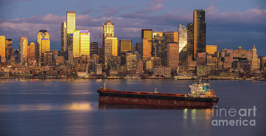 Seattle Golden Skyline And Shipping Photograph