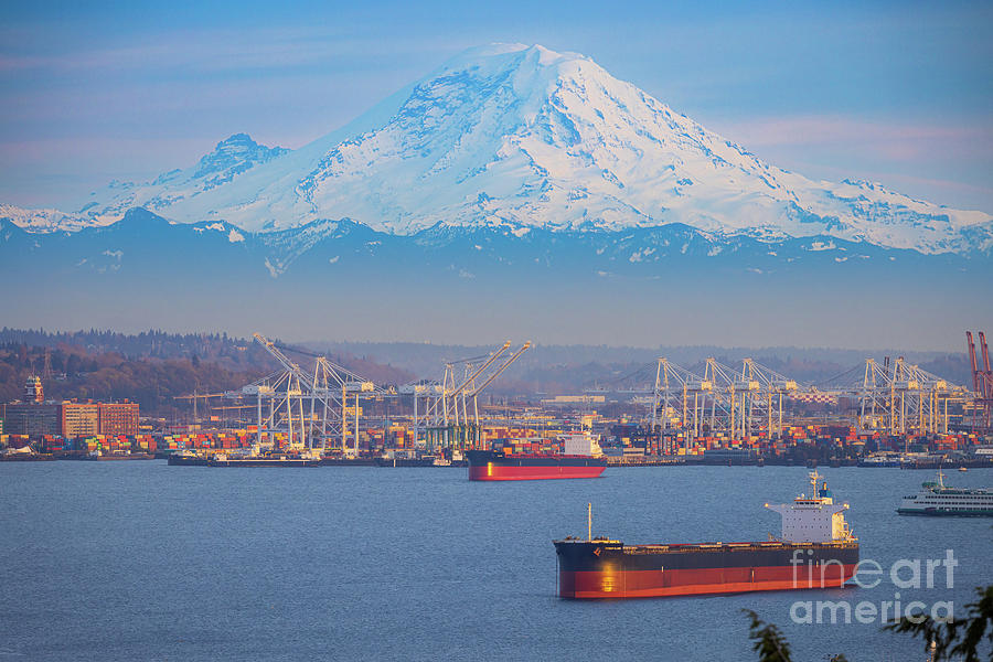 Seattle harbor and Mount Rainier Photograph by Inge Johnsson