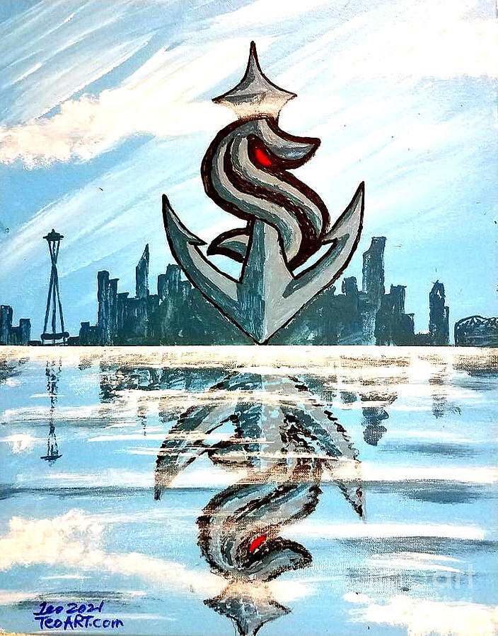 Seattle Painting - Seattle Kraken Skyline Blue Daytime Art by Teo Alfonso