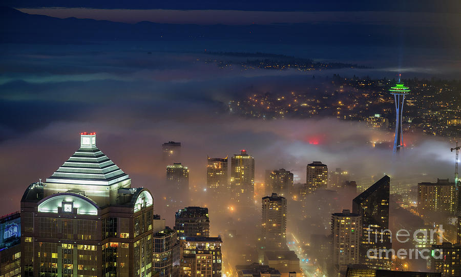 Seattle Photograph - Seattle Night Fog Layers by Mike Reid