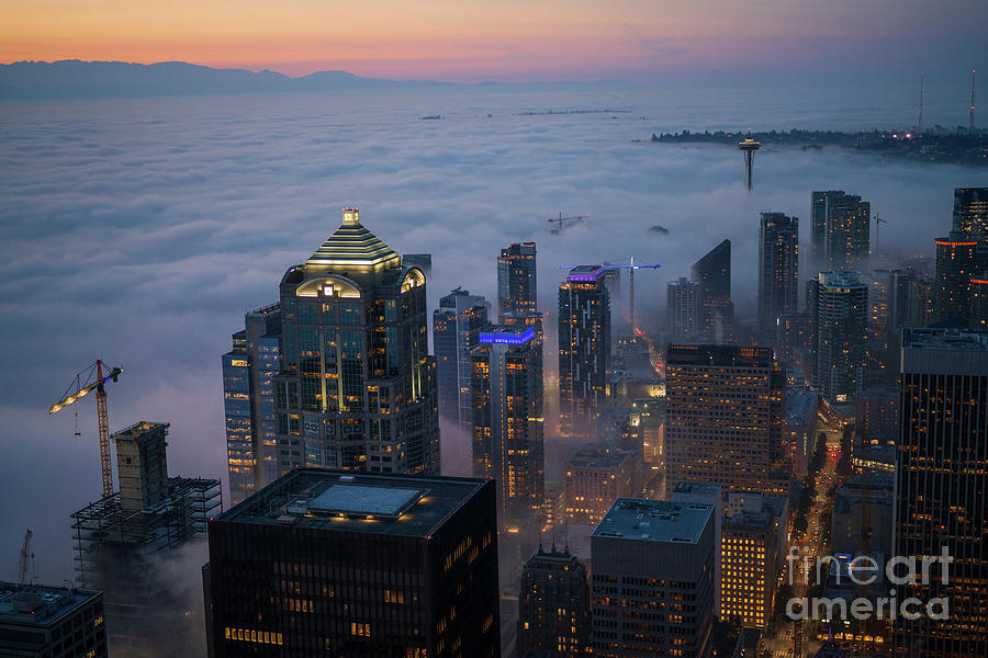 Seattle Photography Cityscape in the Fog Photograph by Mike Reid