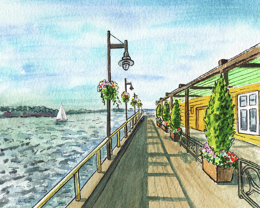 Seattle Pier 56 Elliotts Oyster House Restaurant Boardwalk At The Bay Watercolor  Painting by Irina Sztukowski
