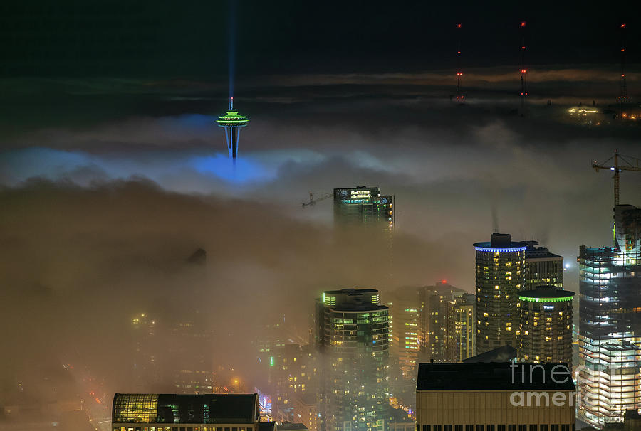 Seattle Seahawks Space Needle in the Fog Photograph by Mike Reid