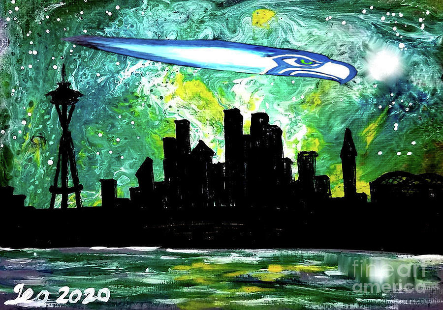 Seattle Painting - Seattle Seahawks Streaking Comet Over Seattle Skyline by Teo Alfonso