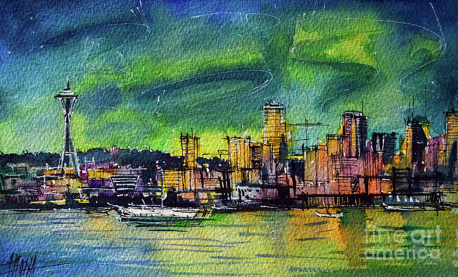 Seattle Skyline Painting - SEATTLE SKYLINE 2 watercolor painting by Mona Edulesco