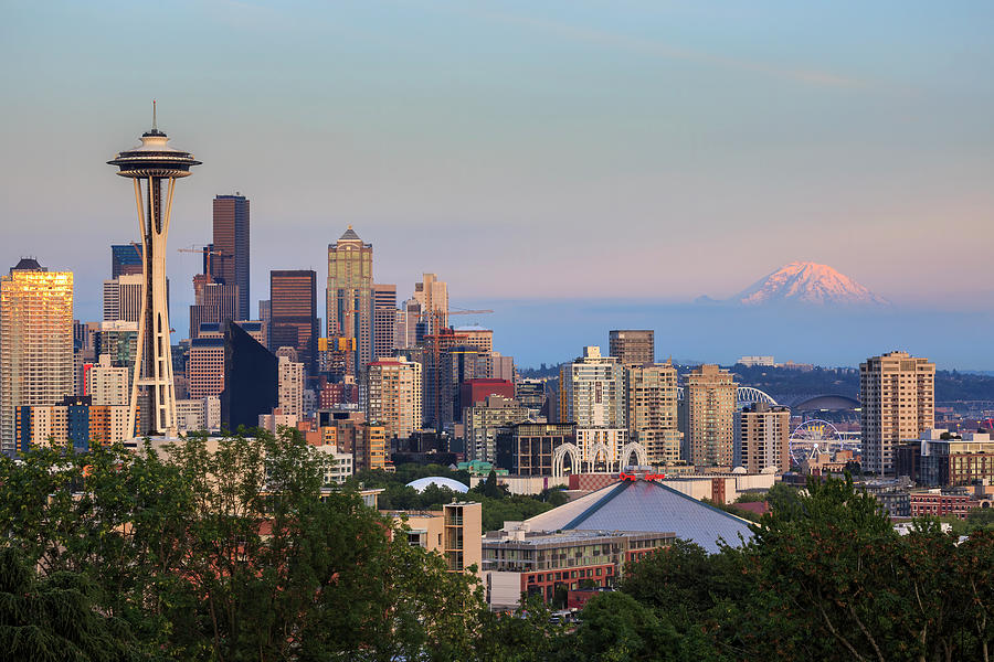 Seattle Skyline and Mt. Rainier Photograph by Adam Romanowicz