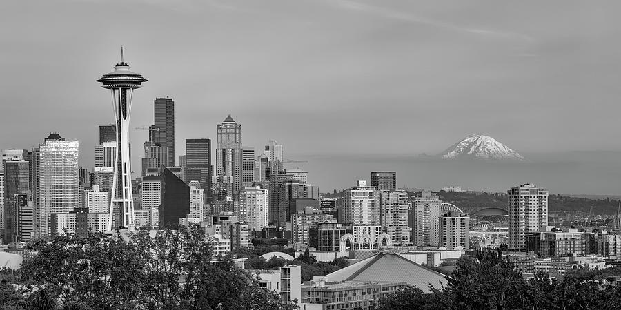 Seattle Skyline and Mt. Rainier Panoramic Black and White Photograph by Adam Romanowicz