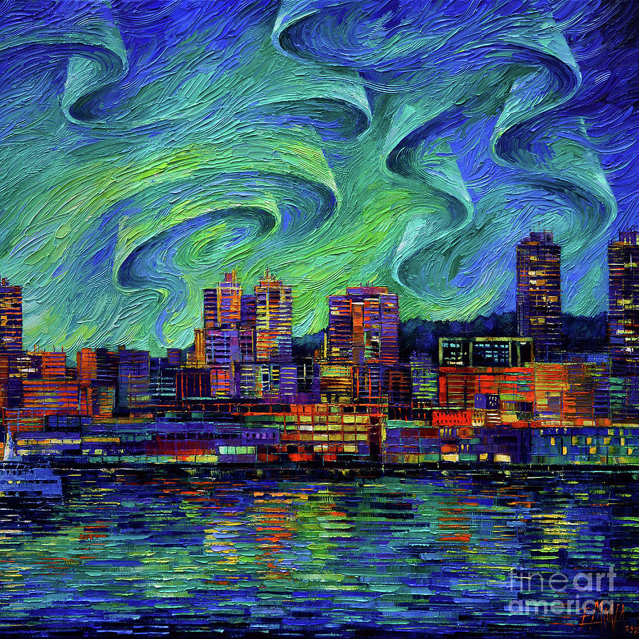 Seattle Skyline At Night Painting by Mona Edulesco