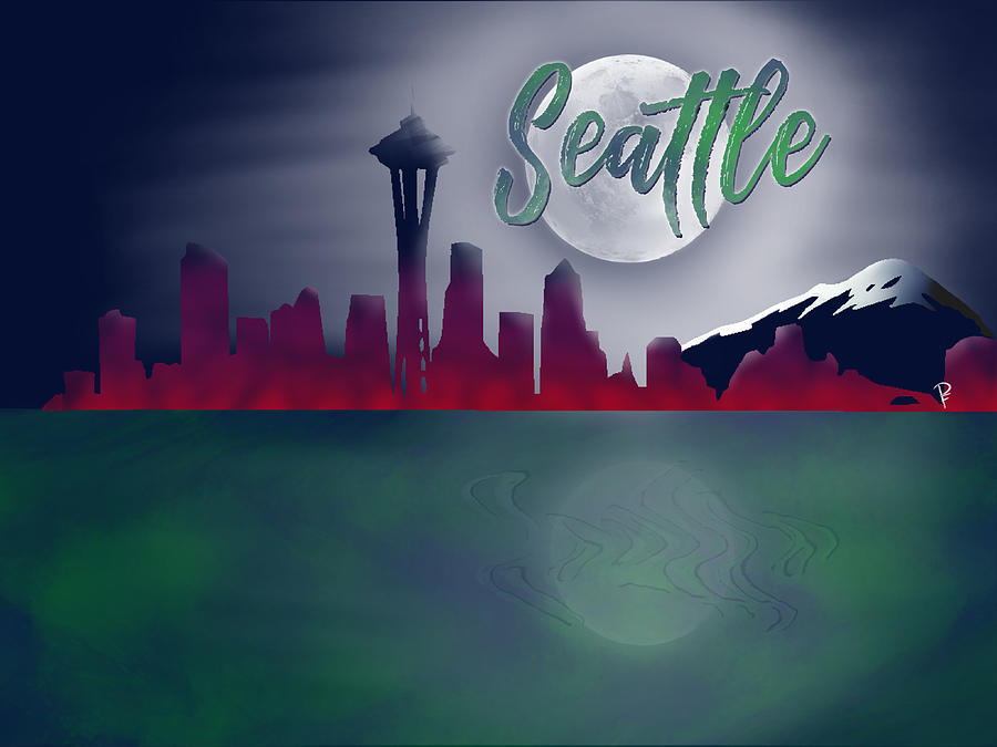 Seattle Skyline Full Moon Digital Art