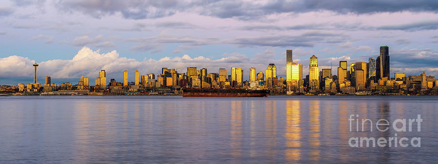 Seattle Skyline Golden Sunset Light Photograph