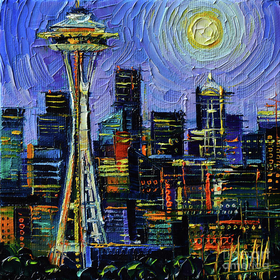 Seattle Skyline Nightscape Painting by Mona Edulesco