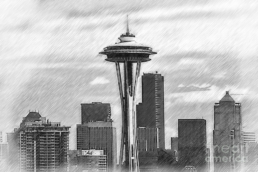 Seattle Skyline Sketched Digital Art by Kirt Tisdale