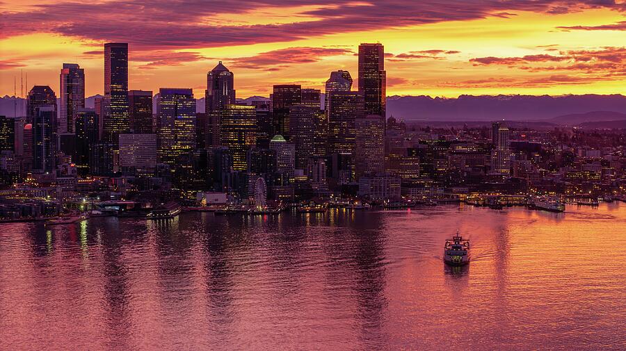 Seattle Photograph - Seattle Skyline Sunrise Ferry Departure by Mike Reid
