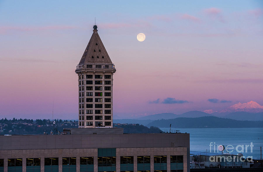 Seattle Smith Tower Full Moonset Photograph