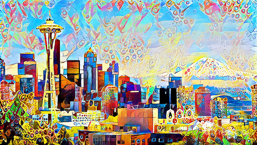Seattle Space Needle and Cityscape Skyline in Bright Colorful Contemporary Happy Elements 20200426 Photograph by Wingsdomain Art and Photography