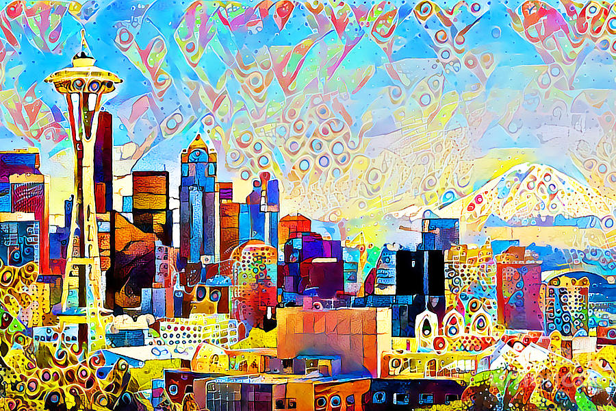 Seattle Space Needle and Cityscape Skyline in Bright Colorful Contemporary Happy Elements 20200426v2 Photograph by Wingsdomain Art and Photography