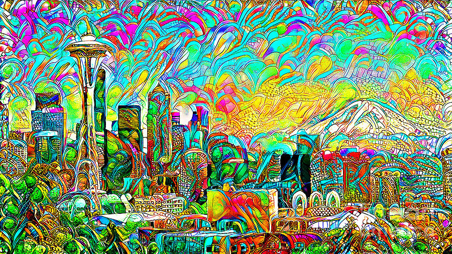 Seattle Space Needle and Cityscape Skyline in Bright Vibrant Color Motif 20200507 long Photograph by Wingsdomain Art and Photography