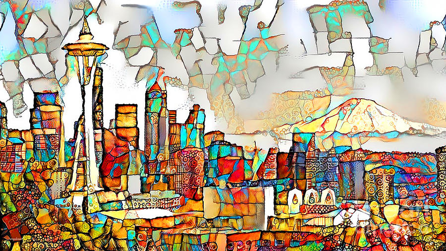 Seattle Space Needle and Skyline in Vibrant Playful Whimsical Colors 20200524 Long Photograph by Wingsdomain Art and Photography