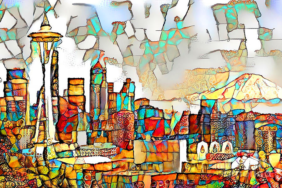Seattle Space Needle and Skyline in Vibrant Playful Whimsical Colors 20200524 Photograph by Wingsdomain Art and Photography