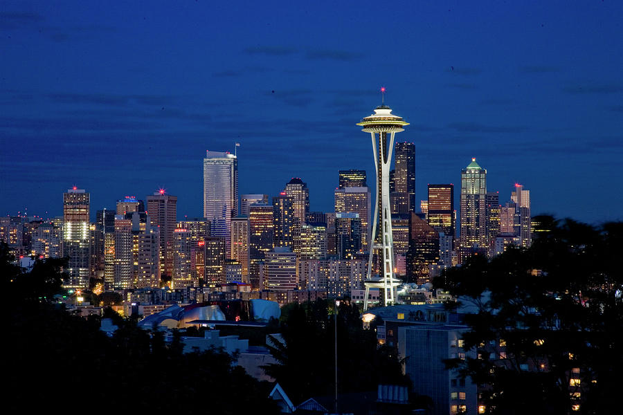 Seattle Photograph - Seattle  Space Needle at Dusk The Twilight Hour by Matthew Bamberg