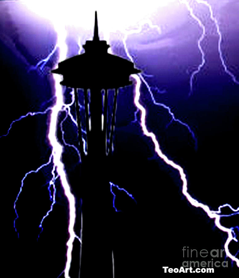 Seattle Painting - Seattle Space Needle Storm painting by Teo Alfonso