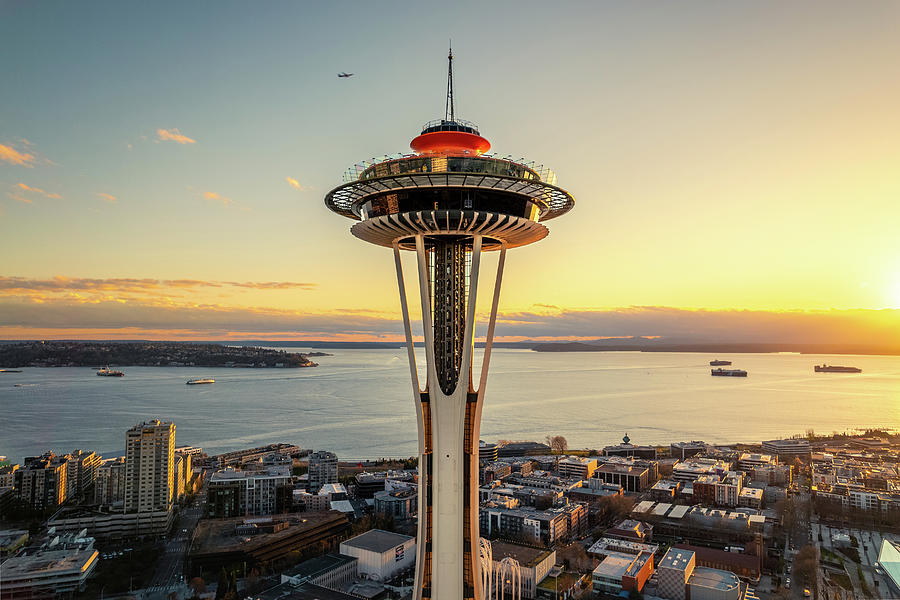 Seattle Space Needle Sunset Drone Photo Photograph by Open Range ...