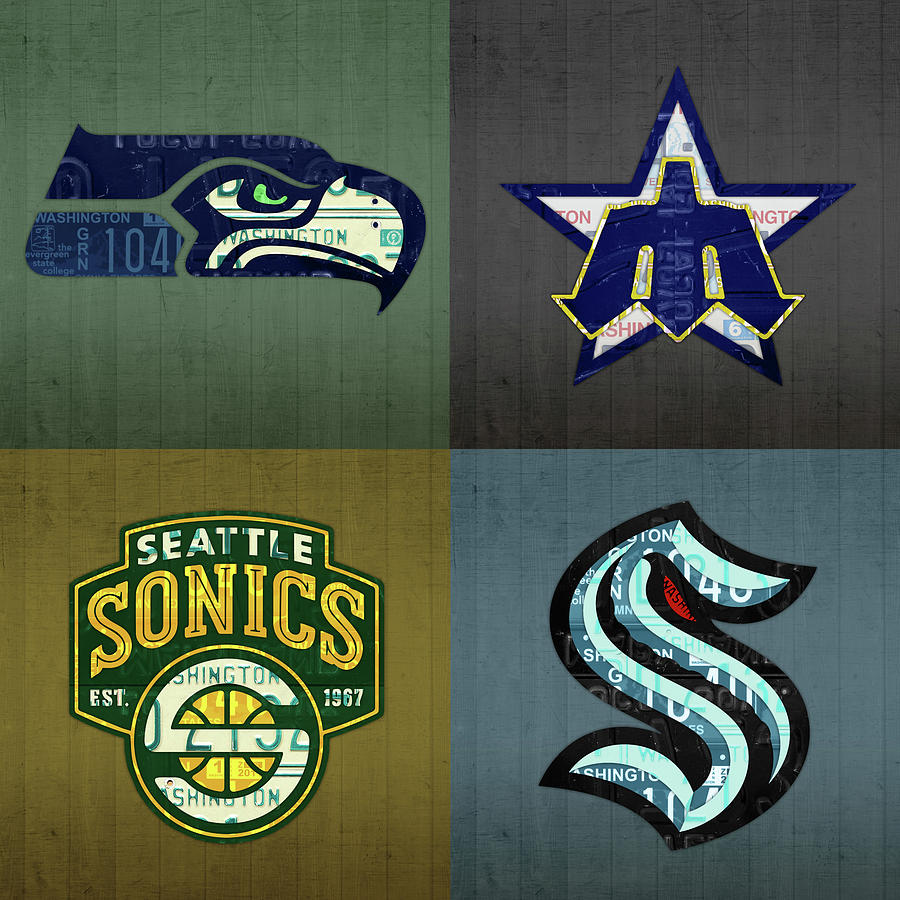 Seattle Mixed Media - Seattle Sports Teams Seahawks Mariners Sonics Kraken Recycled Washington State License Plate Art by Design Turnpike