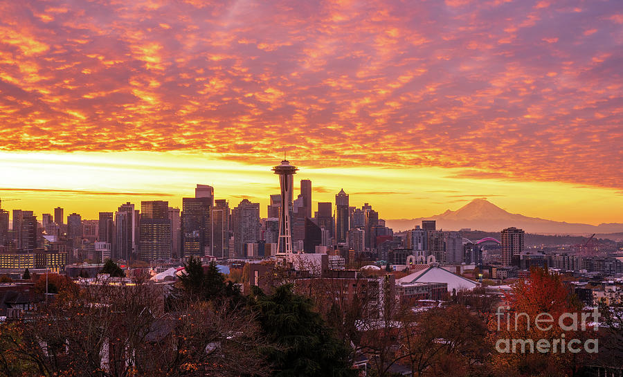 Seattle Sunrise Fiery Clouds From Kerry Park Photograph