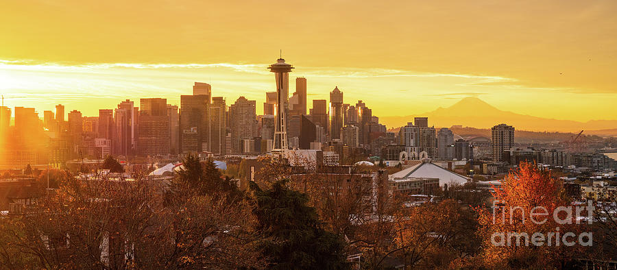 Seattle Photograph - Seattle Sunrise Golden Light by Mike Reid