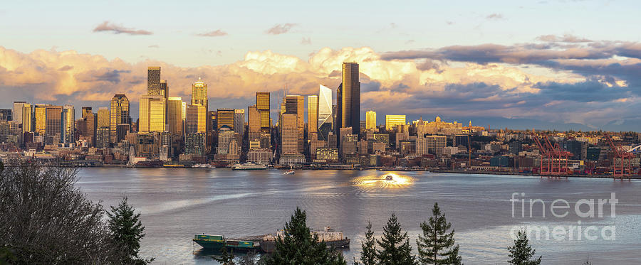 Seattle Sunset Skyline Across Elliott Bay Photograph