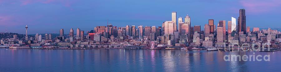 Seattle Twilight Skyline Aerial Panorama Photograph by Mike Reid